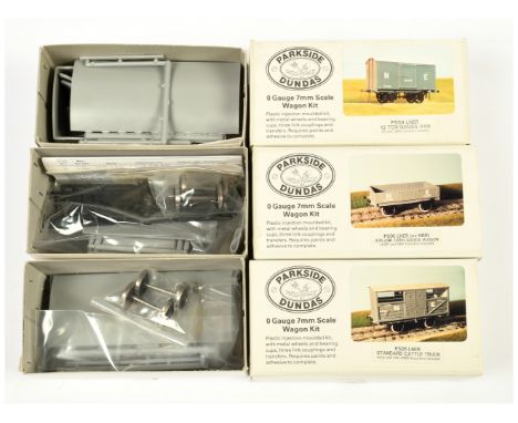 Parkside Dundas O gauge 3x wagon kits. Comprising PS04 LNER Goods van; PS05 LNER Cattle truck; PS06 LNER 4 plank open Goods w