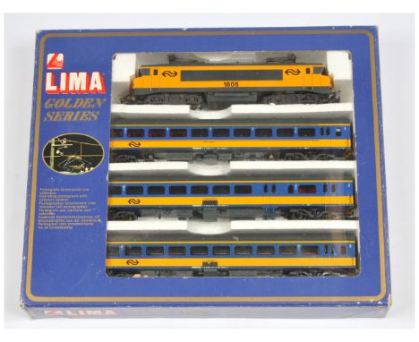 Lima HO Gauge Ref 149748 NS Train Pack comprising of Overhead Locomotive with 3 coaches in yellow and blue livery. Condition 