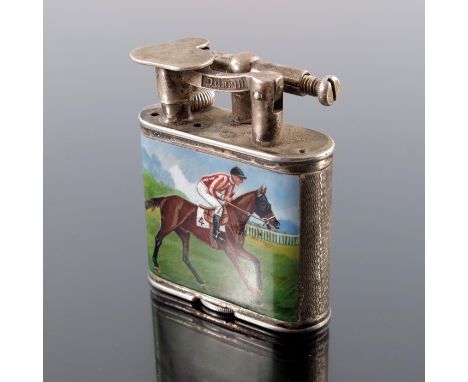 Alfred Dunhill, an enamelled lift arm pocket lighter, circa 1938, the front painted with an enamel plaque of racehorse Unbrea