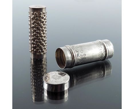 A William and Mary silver nutmeg grater, TH, circa 1690, tubular form, engraved with geometric bands and star to the lid, 5.5