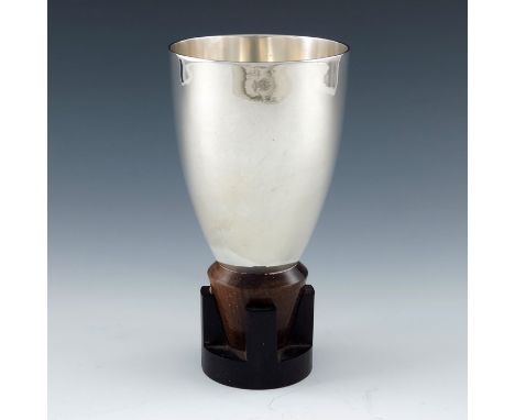 A Continental Art Deco silver and wooden goblet, tapered conical form bowl in a hardwood and ebony denticulated foot, stamped