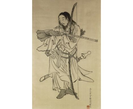 Chinese School, Archer with Sword, ink scroll painting, on fabric, signed, 74cm x 42cm, framed