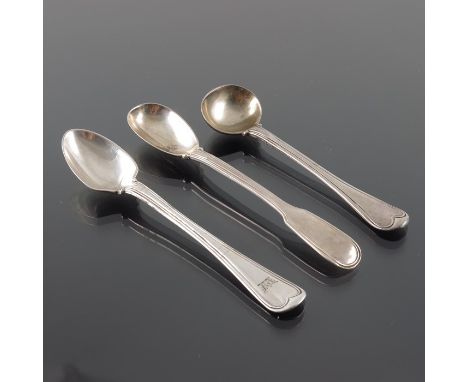 Three Victorian silver Military Thread spoons, George Adams, London 1864, unknown, London 1839, Elizabeth Eaton, London 1856,