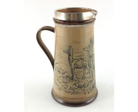 Hannah and Florence Barlow for Doulton Lambeth, a stoneware jug, 1878, conical form, sgraffito decorated with deer, silver mo