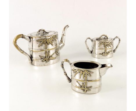 A Chinese silver plated tea set, Qing, circa 1870, cast and relief moulded bamboo section drum form, with applied bamboo moti