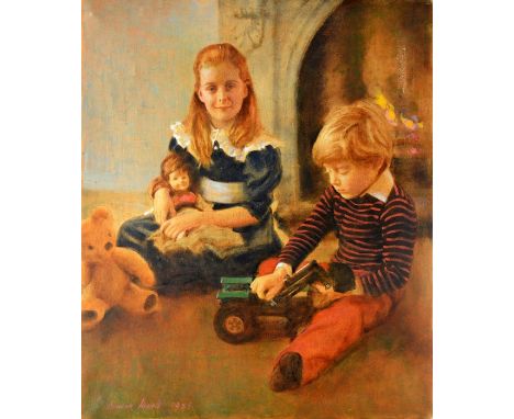 † Norman Hepple RA RP (British, 1908-1994), portrait of the artist's daughter and young boy playing with toys, oil on canvas,