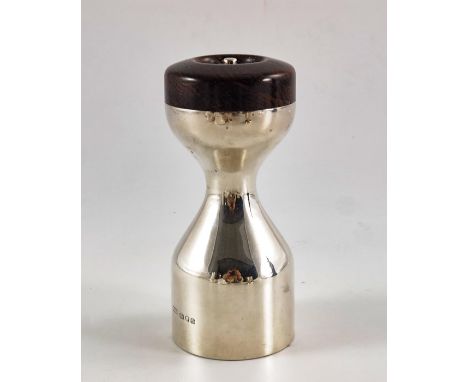 Robert Welch, a Modernist silver pepper mill, London 1975, hourglass form with wooden top, 13.5cm high