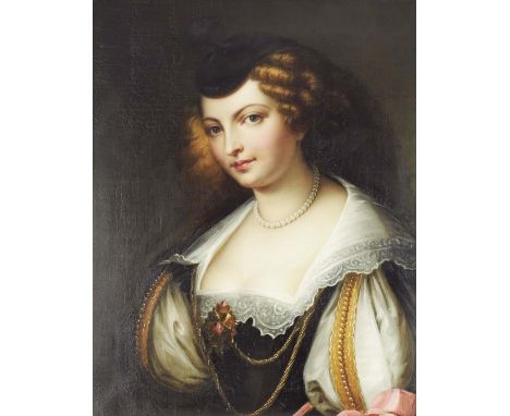 19th Century School, portrait of Helene Fourment,  wife of Peter Paul Rubens, oil on canvas, 64cm x 50cm, framed
