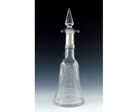 WMF, a Jugendstil silver plated and cut glass decanter, the bell shaped body etched with floral sprays between geometric and 