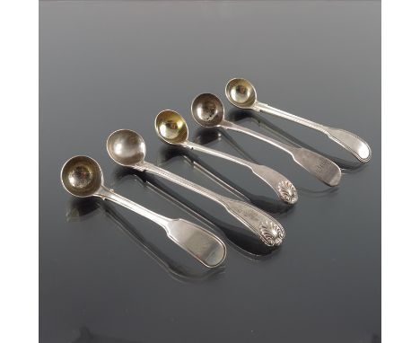 Five William IV and Victorian silver condiment ladles, various makers and dates including William Chawner and William Theobal