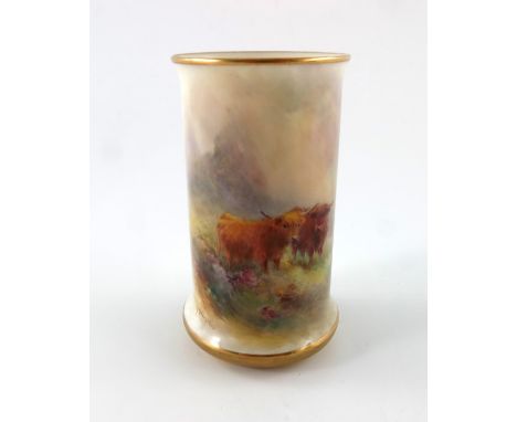 Harry Stinton for Royal Worcester, a Highland Cattle spill vase, 1928, cylindrical form with everted rim, painted with two co