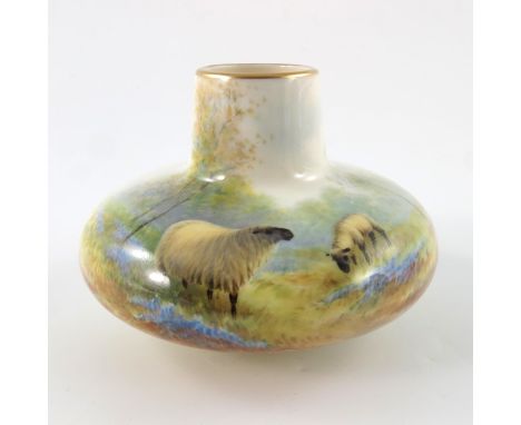 E Baker for Royal Worcester, a painted vase, 1930, squat ovoid form, decorated with sheep in a bluebell wood, signed, 8cm hig