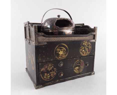 A Japanese white metal and lacquer tea chest, the removable domes caddy with open cartouche, set within a three drawer chest 