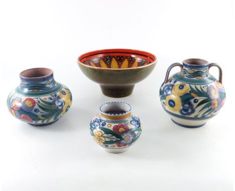 Carter, Stabler and Adams, three Poole pottery vases, patterns including EN and YO, bulbous forms, one twin handled, together