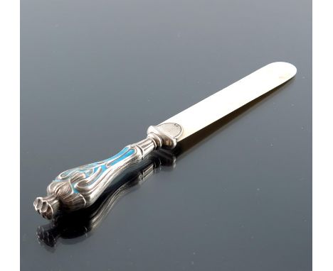 An Arts and Crafts silver and enamelled paper knife or page turner, Crisford and Norris, Birmingham 1909, the handel cast and