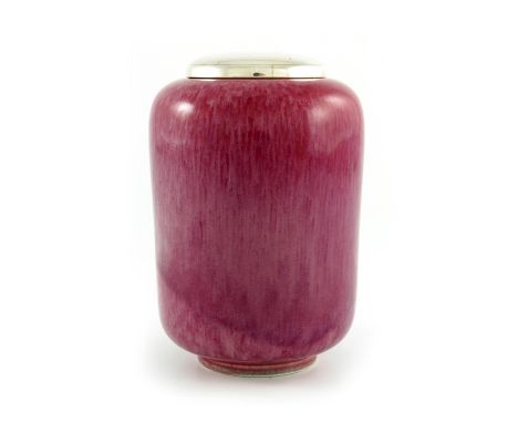 A Ruskin Souffle glazed vase and cover or caddy, 1906, rounded cylindrical form, streaky pink, with silver lid, impressed mar