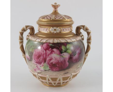 F H Chivers for Royal Worcester, a rose painted potpourri vase and cover, 1904, ovoid form, inner and outer lid, relief mould