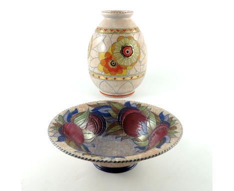 Charlotte Rhead for Crown Ducal, a Rhodian vase and Granada bowl, the vase of ovoid shouldered form, the bowl with everted ri