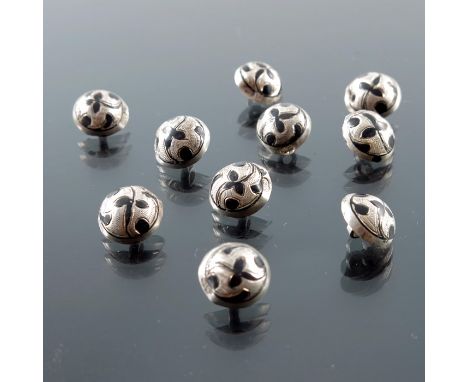 A set of ten Imperial Russian silver and Niello enamelled buttons, St Petersburg, domed form, incised foliate design, stamped