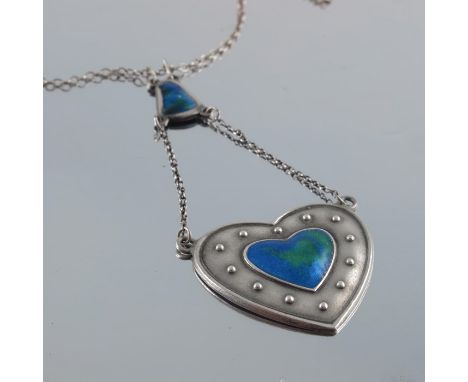 Charles Horner, an Arts and Crafts silver and enamelled necklace, Chester 1909, the heart form pendant with blue green enamel