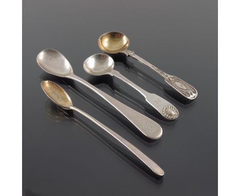 Four George III and later Provincial silver condiment spoons, David Reid, Newcastle 1866, Alexander Goodman, Sheffield 1806, 