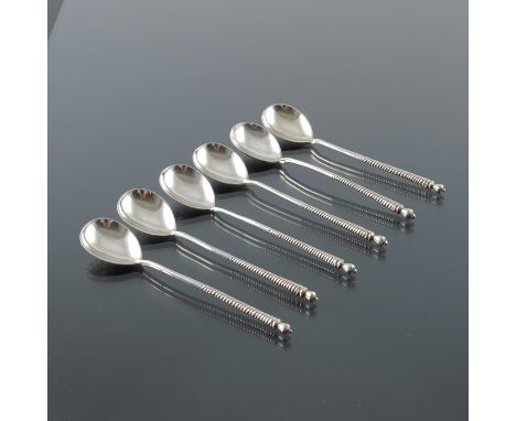 A set of six Imperial Russian silver spoons, Moscow 1891, traditional form with wrythen ribbed handes and knop finials, the b