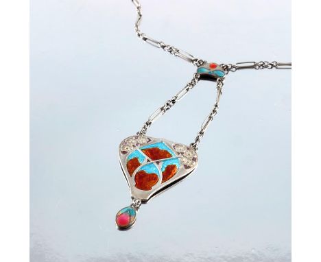 Murrle Bennett and Co., an Arts and Crafts silver and enamelled necklace, in the style of Jessie King, the teardrop pendant w