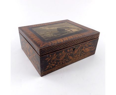 A Victorian penwork and transfer pasted sewing box, the compartmented single removable shelf interior with various related it