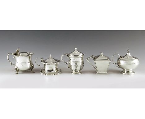 Five English silver mustard pots, with date marks from 1901 to 1920, various makers, London, Birmingham &amp; Sheffield, of o