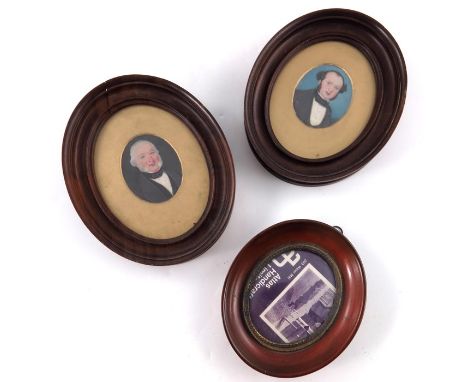 λ 19th century school, a pair of oval portrait miniatures on ivory, two gentlemen, 6cm x 4.5cm, in wooden frames; and a vacan