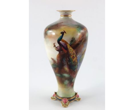 C V White for Royal Worcester, a peacock painted vase, 1907, inverse elongated baluster form, on moulded bracket base, decora