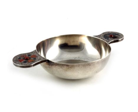 An Arts and Crafts, Scottish hardstone inlaid silver quaich, James Fenton, Birmingham 1909, conventional twin handled form, c