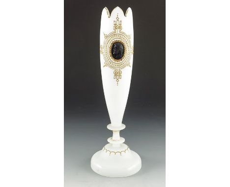 A 19th century opaque frosted glass portrait vase, circa 1860, in the Neoclassical style, slender tulip form with denticulate
