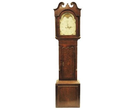 A George III oak 8 day long case clock, J Farrer, Pontefract, painted enamel dial with roses and arch with nautical scene, th