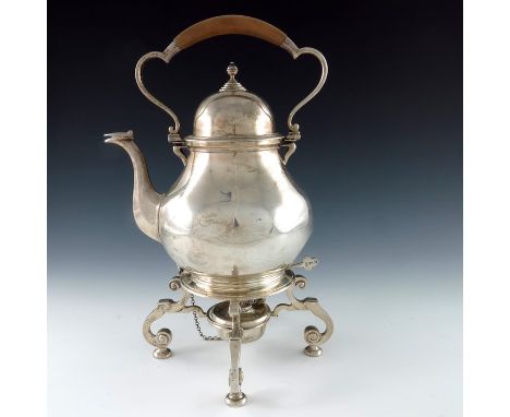 An Edwardian silver kettle and burner on stand, C S Harris and Sons, London 1908, in the Queen Anne style, baluster form on f