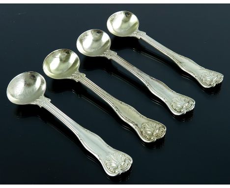 A set of four early Victorian silver salt spoons, Mary Chawner, London 1838, Kings Husk variant with triple flower heel, 11.5