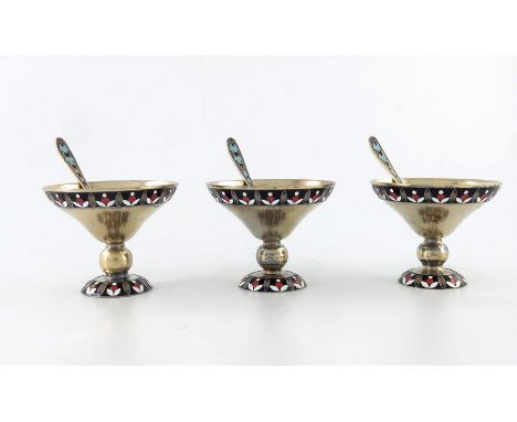 Three Soviet Russian silver gilt and enamelled bowls with spoons, Jewellery Watch Factory, Leningrad (St Petersburg) circa 19