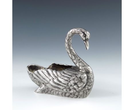 A French silver swan salt cellar, 19th century, realistically modelled and chased, stamped marks, 9cm long, 5.27ozt