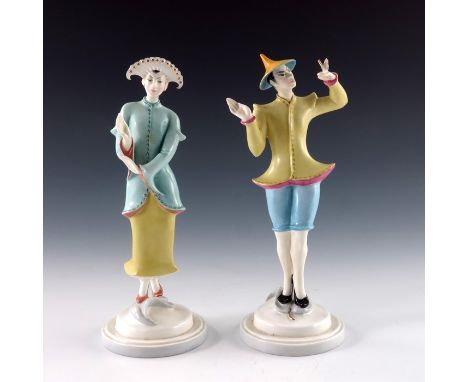Agnes Pinder Davis for Royal Worcester, two Chinoiserie figures, in a different colourway, 21cm high (2)