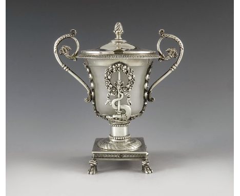 M ?, Paris circa 1830, a French silver mustard pot, in the Empire style, the frosted glass container within a cage of alterna