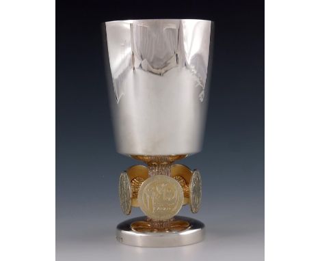 Stuart Devlin, a Modernist silver and parcel gilt Bristol 600 Goblet, London 1973, the plain conical bowl on a bark textured 