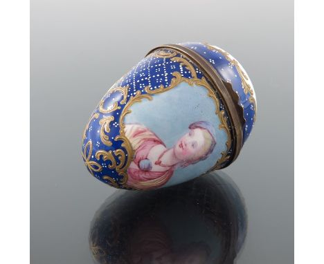 An 18th century Bilston enamelled egg box, painted and gilded with a portrait cartouche, the lid with a bird and fruit, withi