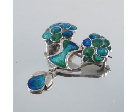 Murrle Bennett and Co., an Arts and Crafts silver and enamelled brooch, in the style of Jessie King, the central hourglass pl