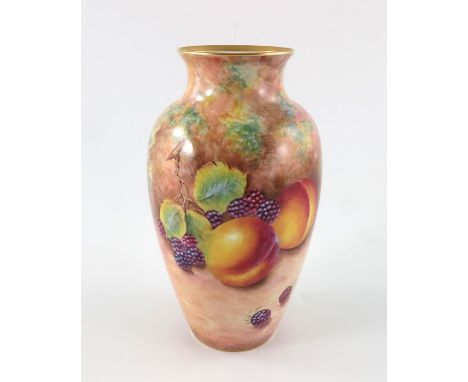 Leaman for Royal Worcester, a fruit painted vase, shouldered form, one side with pears and damsons, the other with peaches an