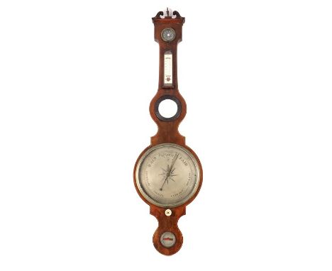 A George III mahogany and satinwood strung barometer, J Carr, Preston, 110 cm high.