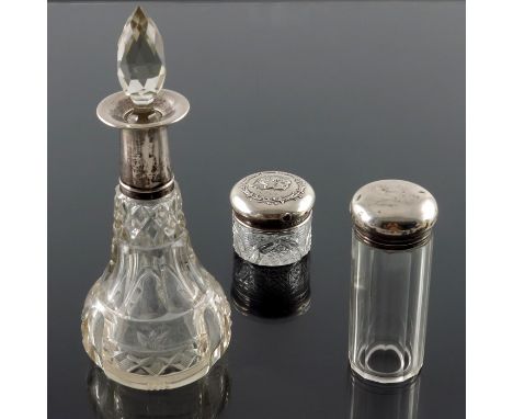 Three Victorian and Edwardian silver topped glass jars, Birmingham 1899 to London 1904, including cut glass perfume bottle, C