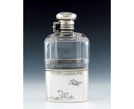 Edward C Moore for Tiffany and Co., a Japanesque silver and glass spirit flask, New York circa 1877, the removable beaker eng