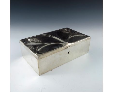 WMF, a Jugendstil silver plated jewellery casket, cuboid form, the lid embossed in the Art Nouveau style with sinuous tendril