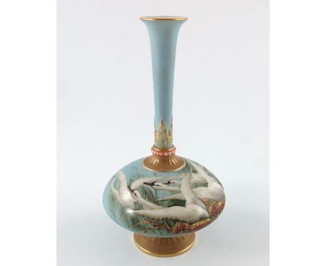 Charles Baldwyn for Royal Worcester, a swan painted vase, 1906, footed squat ovoid form with narrow elongated trumpet neck, m