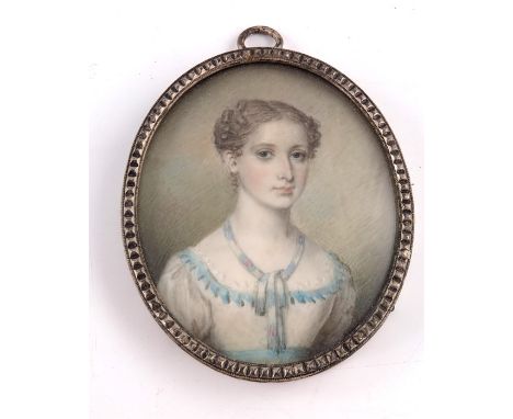 λ Early 19th century English school, portrait miniature on ivory, Margaret Beatty, in white metal frame, lock of hair verso a